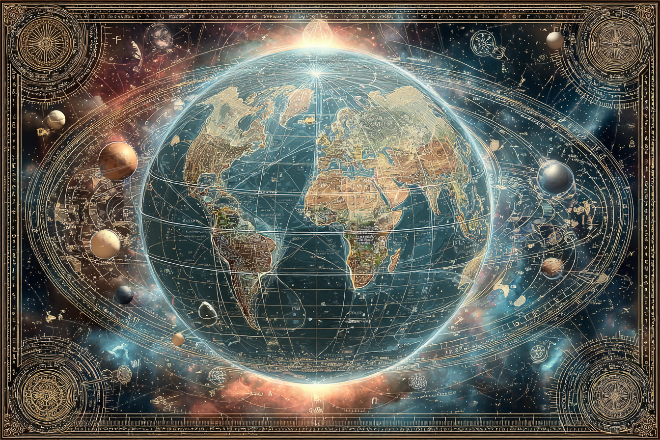 Astrocartography world map with cosmic energy lines